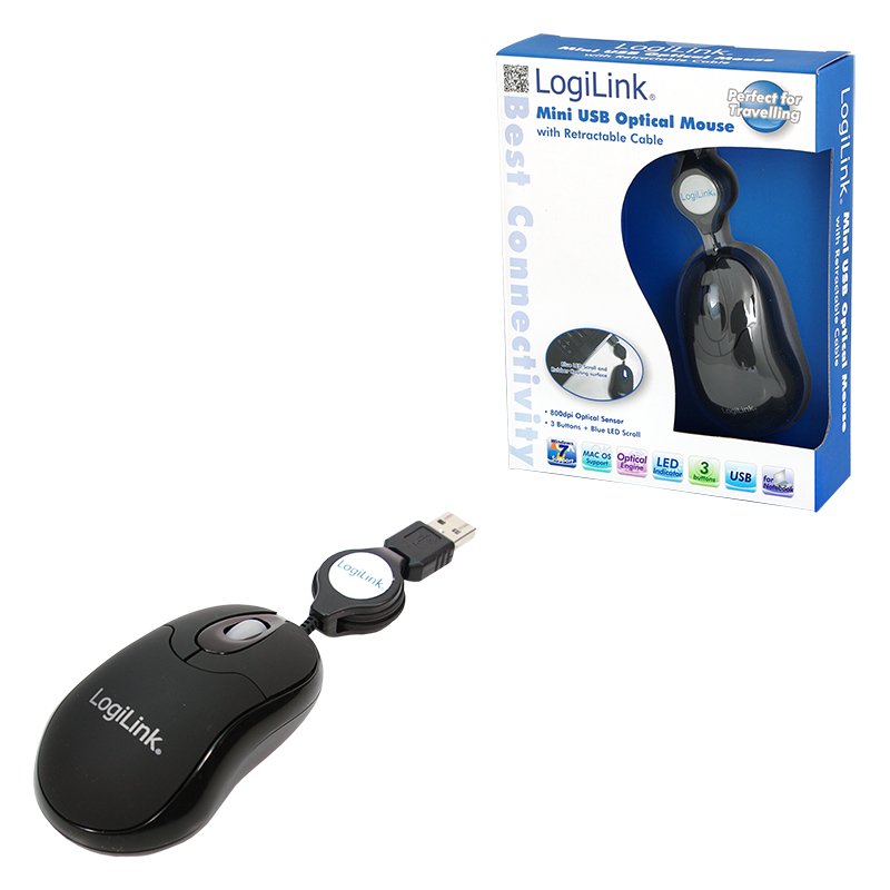 Mini Souris filaire pour portable (rétractable) LogiLink compatible (Noir)