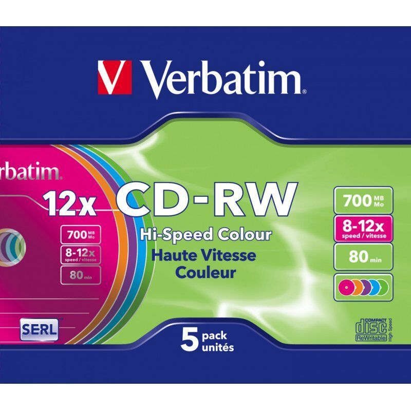 CD-RW Verbatim compatible 700 Mo 4X (Boite Slim couleur de 5)