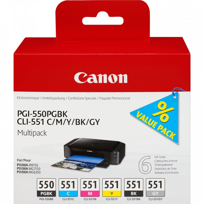 Canon Tintenpatrone PGI-550PGBK & CLI551 - 6er Pack - PGBK/C/M/Y/BK/GY