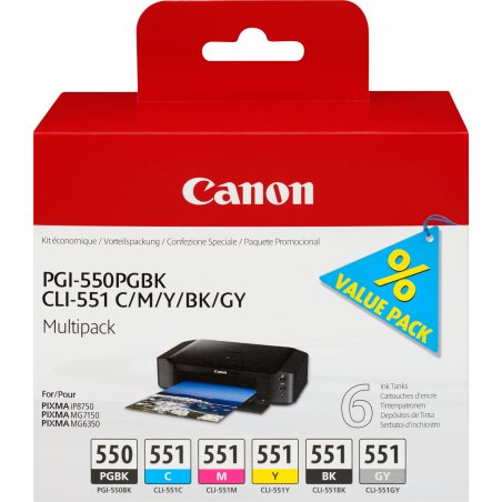 Canon PGI-550/CLI-551 PGBK/C/M/Y/BK/GY 6 Ink Cartridge Multipack