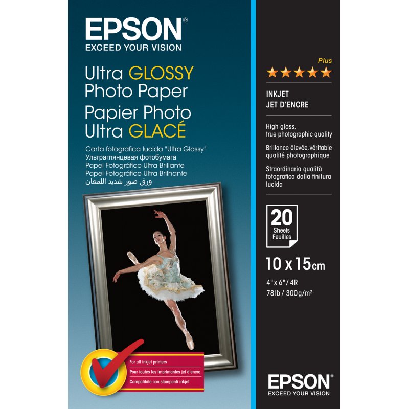 Papier Photo Epson compatible Ultra glacé 300g/m² - 20 feuilles 10x15 cm