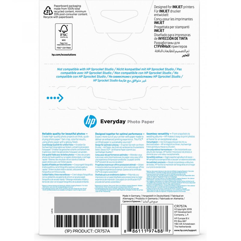 HP Everyday Photo Paper, Glossy, 200 g/m2, 10 x 15 cm (101 x 152 mm), 100 sheets