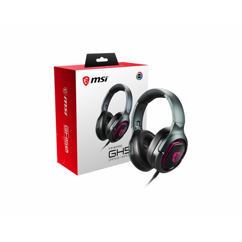 MSI IMMERSE GH50 7.1 Virtual Surround Sound RGB Gaming Headset 'Black with Ambient Dragon Logo, RGB Mystic Light, USB, i