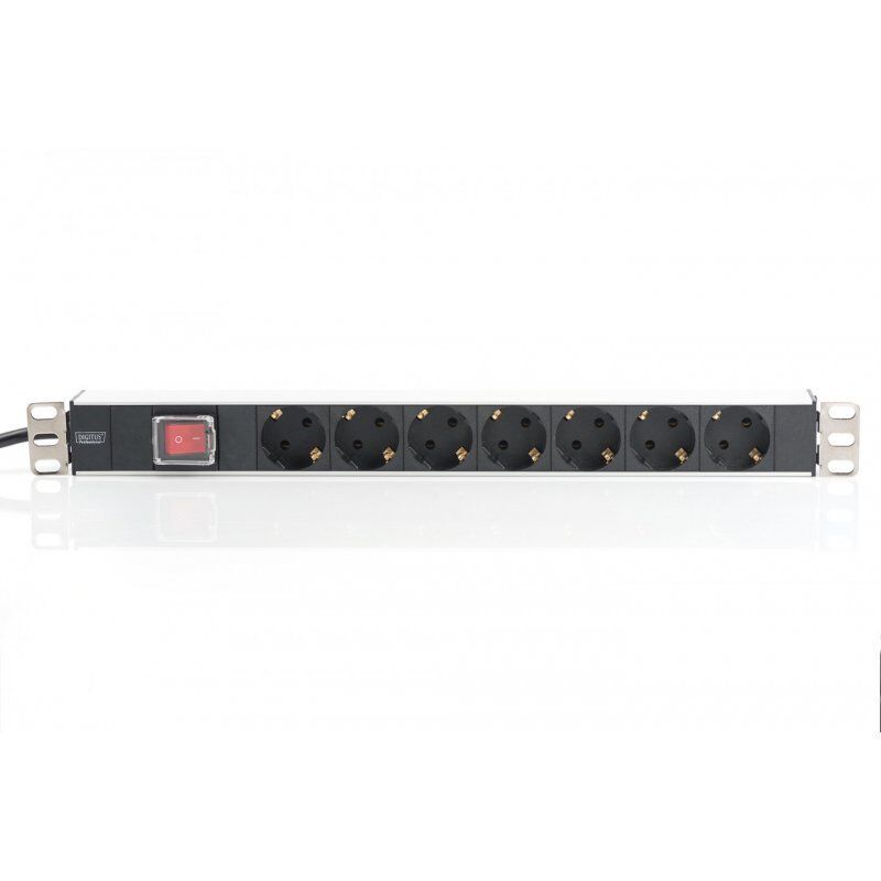 Digitus aluminum outlet strip with switch, 7 safety outlets, 2 m supply safety plug