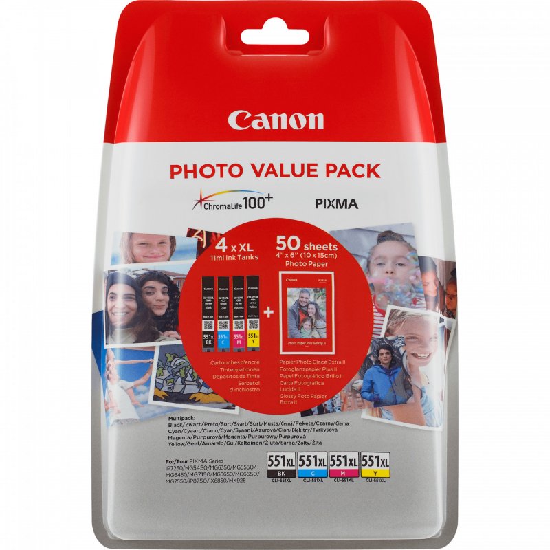 Canon CLI-551XL C/M/Y/BK Photo Value Pack - 4er-Pack - Schwarz, Gelb, Cyan, Magenta - Original - Tintenbehälter