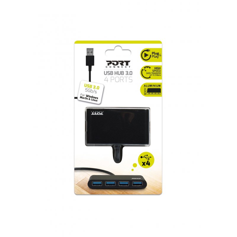 Port Designs 900121 hub & concentrateur USB 3.2 Gen 1 (3.1 Gen 1) Type-A 5000 Mbit/s Noir