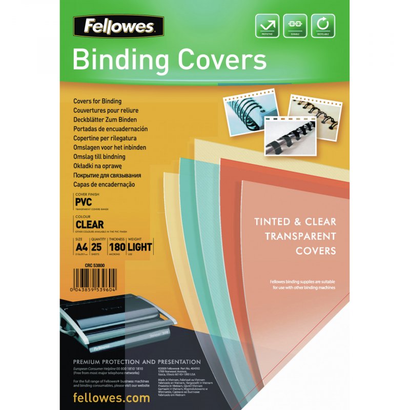 Fellowes compatible couverture, format A4, pvc, 0,18 mm, transparent
