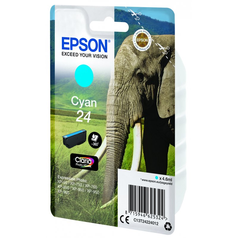 Epson Elephant Singlepack Cyan 24 Claria Photo HD Ink
