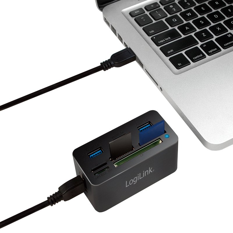 Hub USB 3.0 LogiLink compatible 3 ports avec lecteur de cartes (Noir)