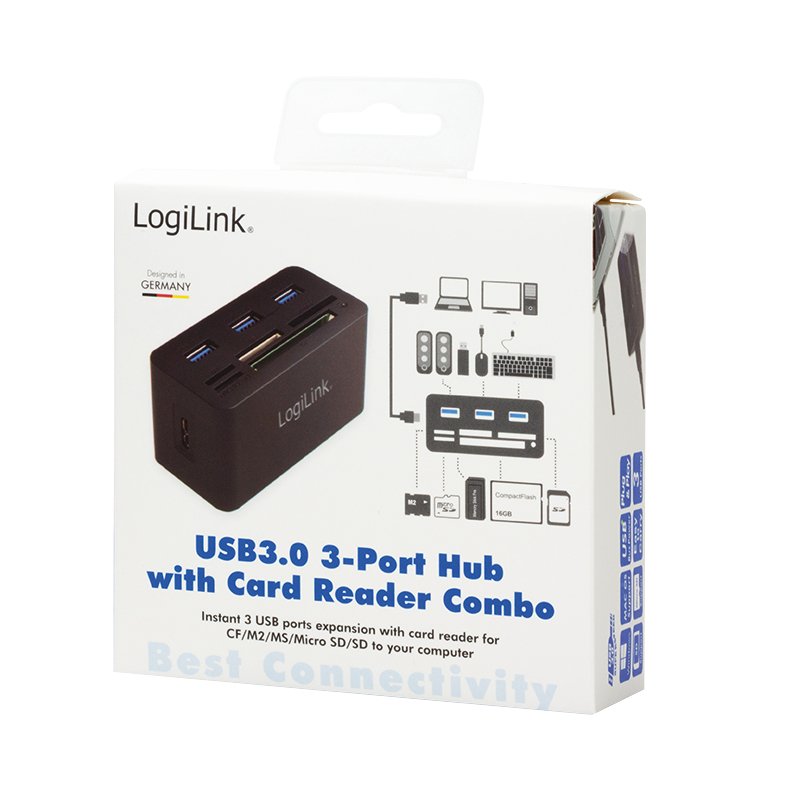 Hub USB 3.0 LogiLink compatible 3 ports avec lecteur de cartes (Noir)