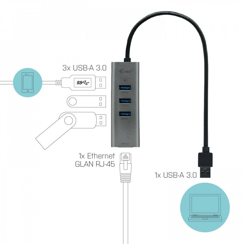 USB 3.0 Metal Hub 3 Ports - Gigabit Ethernet