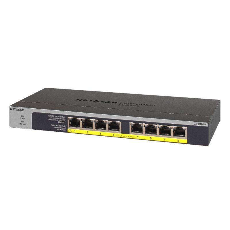 NETGEAR GS108LP Unmanaged Gigabit Ethernet (10/100/1000) Power over Ethernet (PoE) 1U Black, Grey