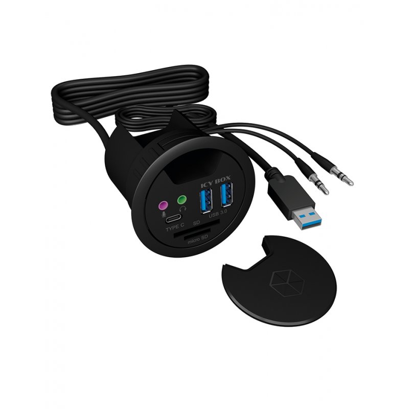 ICY BOX Tisch Hub, USB 3.0, Card Reader, für 60 mm Kabeldurchführungen,  IB-HUB1404A - schwarz