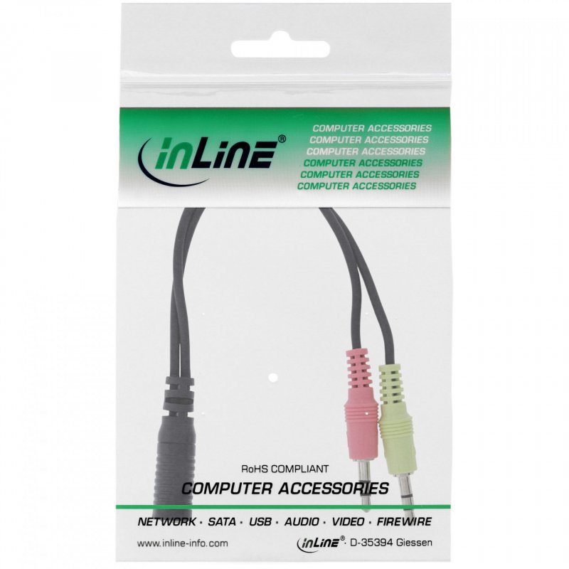 InLine Audio Headset adpter cable, 2x 3.5mm M to 3.5mm F 4pin, CTIA, 0.15m