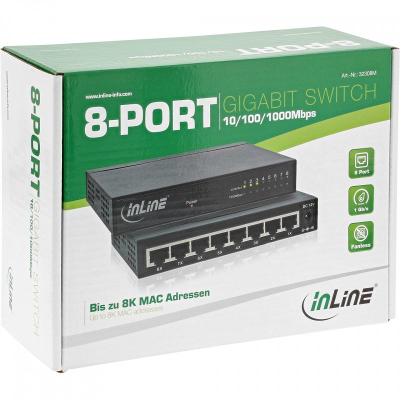 InLine compatible Gigabit Netzwerk Switch 8-Port, 1GBit/s, Desktop, lufterl