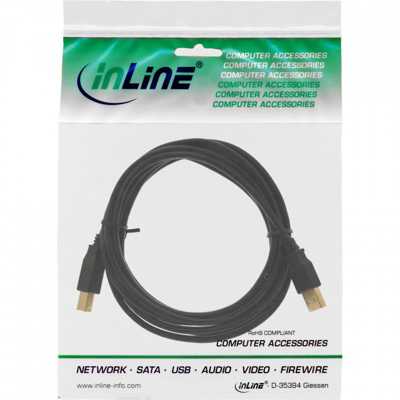 InLine USB 2.0 Cable Type A male / Type B female black, gold plated, 5m