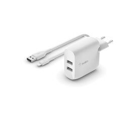 Boost Charge Chargeur secteur 2 ports USB-A 24 W avec câble Lightning vers USB-A (Blanc)