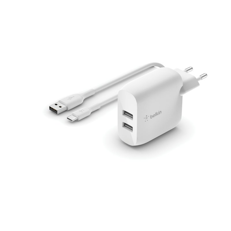 Boost Charge Chargeur secteur 2 ports USB-A 24 W avec câble USB-A vers USB-C (Blanc)