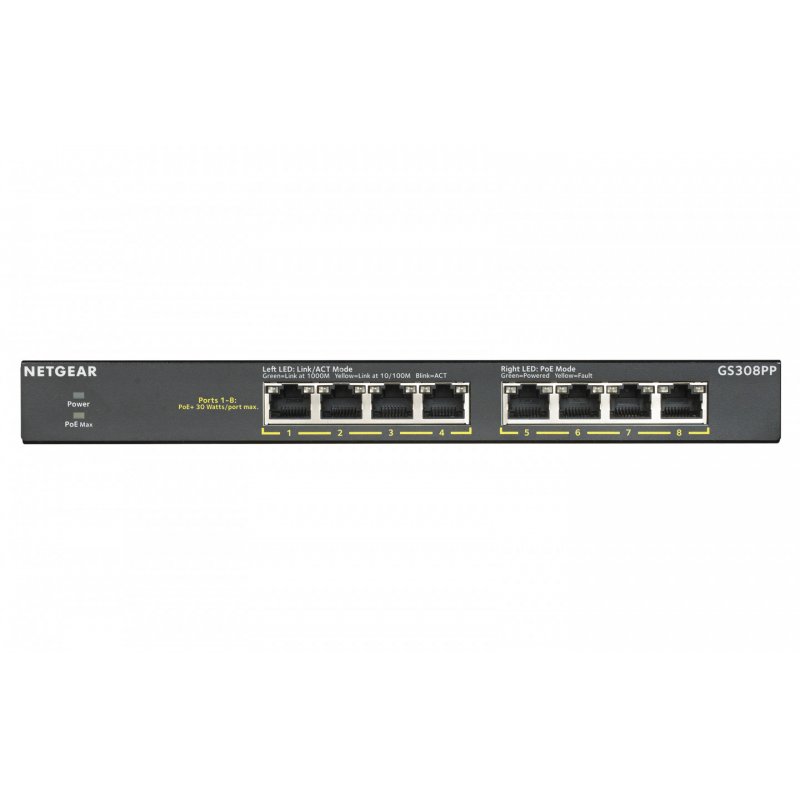 NETGEAR GS308PP Unmanaged Gigabit Ethernet (10/100/1000) Power over Ethernet (PoE) Black