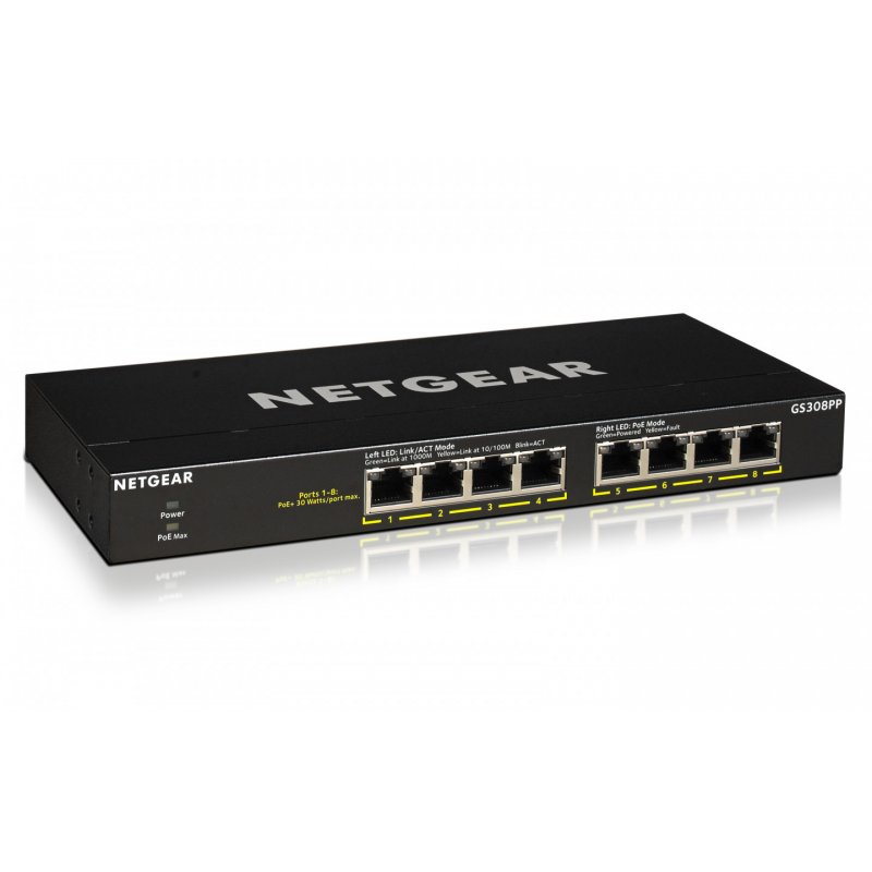NETGEAR GS308PP Non-géré Gigabit Ethernet (10/100/1000) Connexion Ethernet, supportant l'alimentation via ce port (PoE