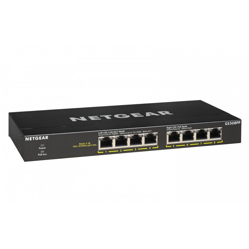 NETGEAR GS308PP Non-géré Gigabit Ethernet (10/100/1000) Connexion Ethernet, supportant l'alimentation via ce port (PoE