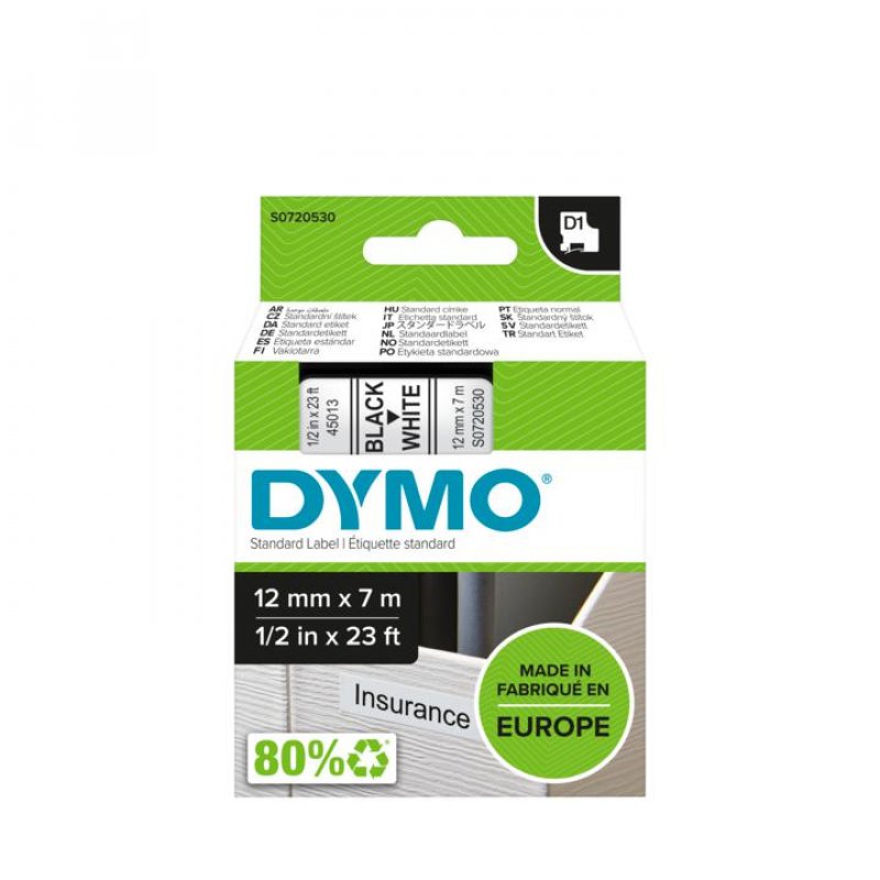 DYMO D1 Cassette de ruban à étiqueter noir/blanc,12 mm x 7 m
