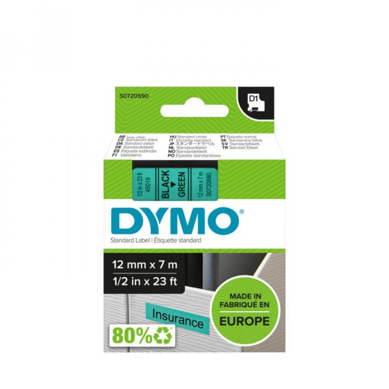 DYMO D1 Cassette de ruban à étiqueter noir/vert, 12 mm x 7 m