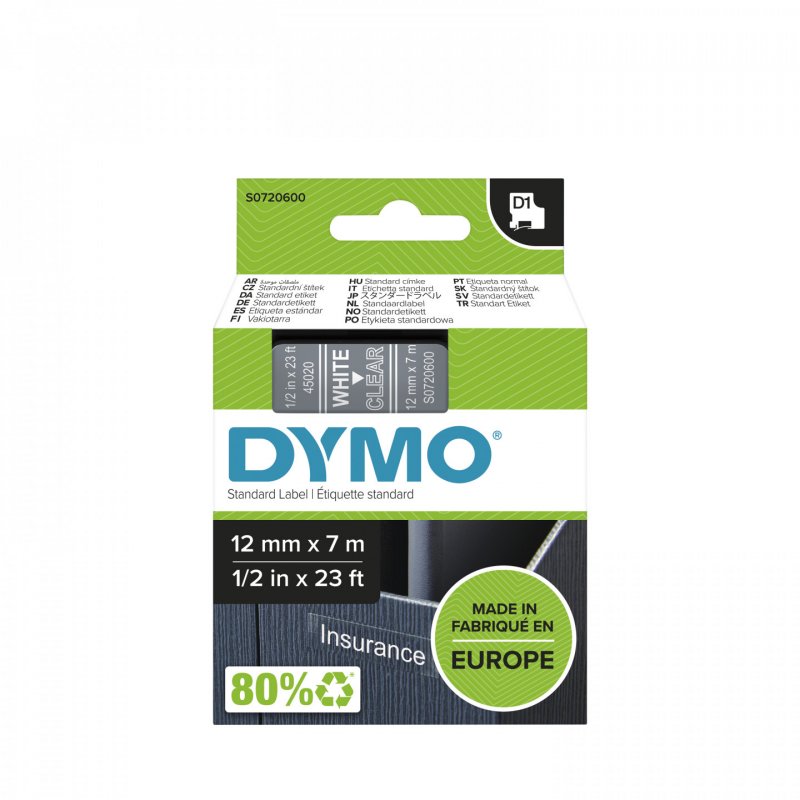DYMO D1 Cassette de ruban à étiqueter blanc/transparent,