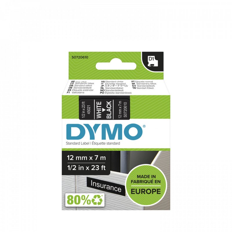 DYMO Ruban D1 Standard - blanc/noir 12 mm - 7 m