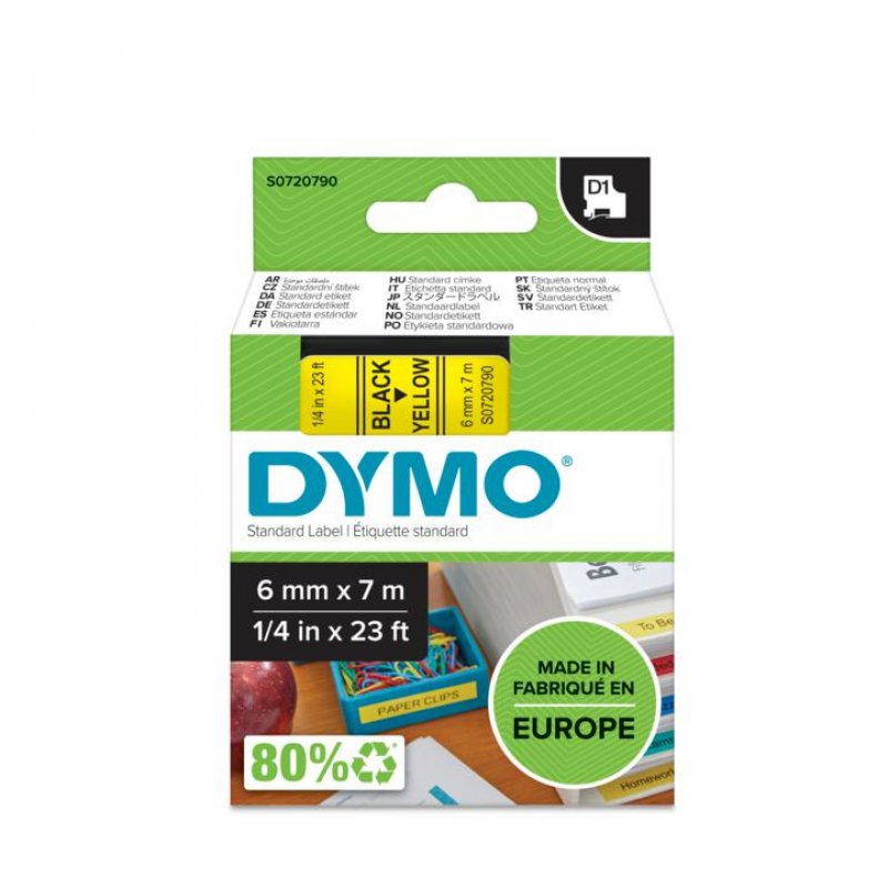 DYMO D1 Cassette de ruban à étiqueter noir/jaune, 6 mm x 7 m