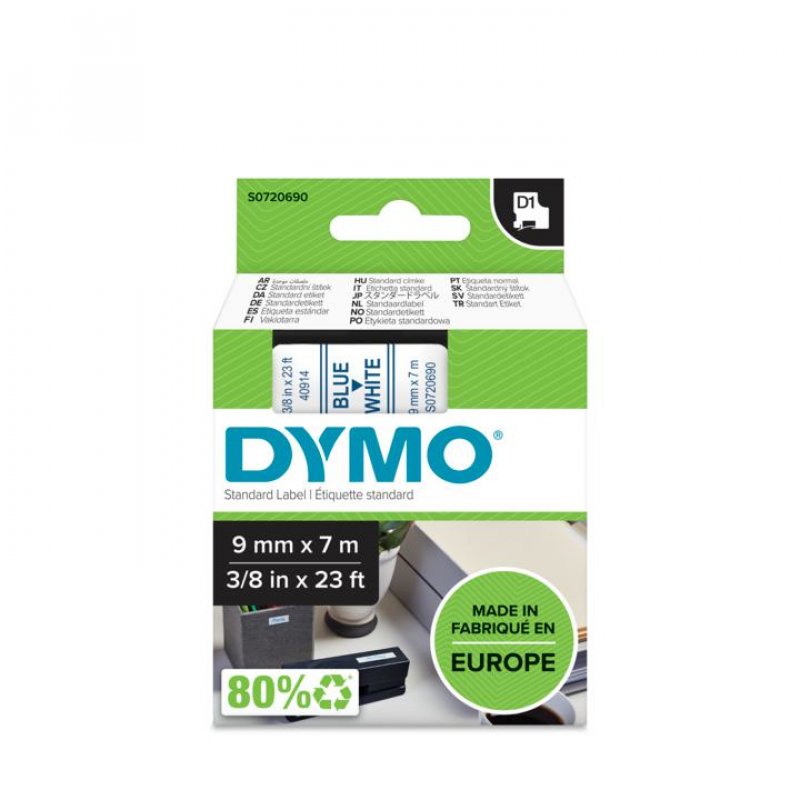 DYMO D1 Cassette de ruban à étiqueter bleu/blanc, 9 mm x 7 m