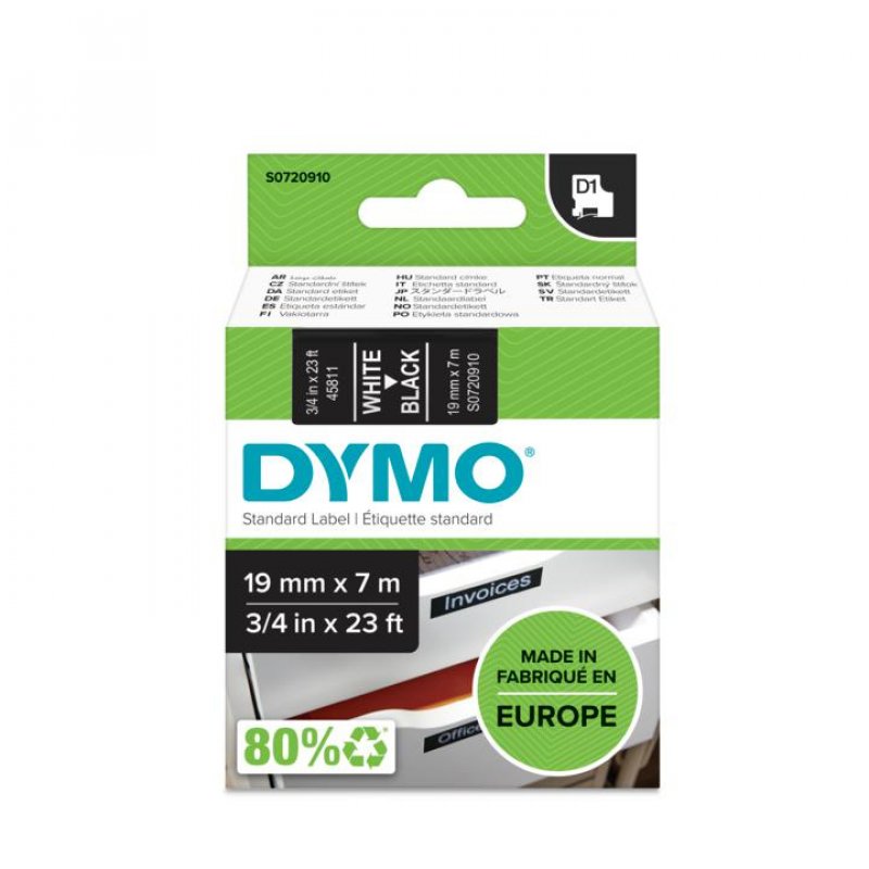 DYMO D1 Cassette de ruban à étiqueter blanc/noir,19 mm x 7 m