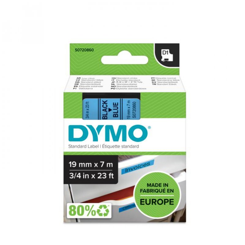 DYMO D1 Cassette de ruban à étiqueter noir/bleu, 19 mm x 7 m