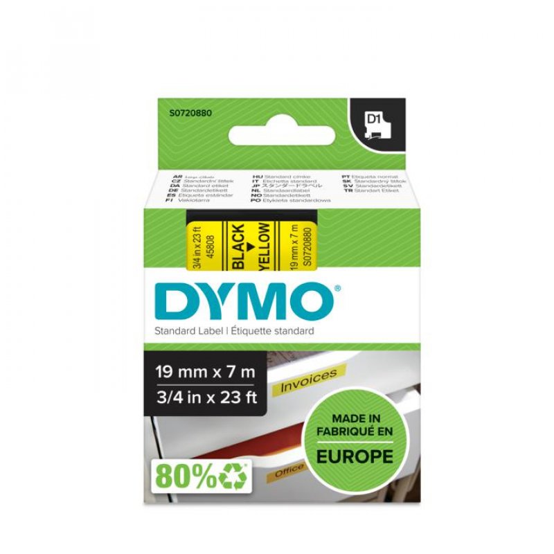DYMO D1 Cassette de ruban à étiqueter noir/jaune,19 mm x 7 m