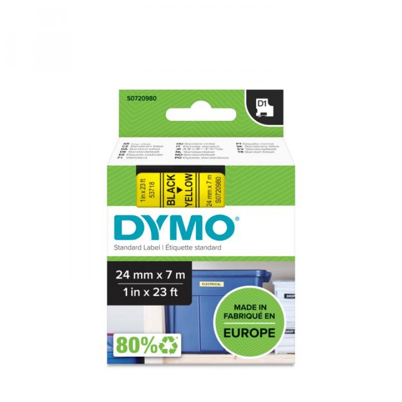 DYMO D1 Cassette de ruban à étiqueter noir/jaune,24 mm x 7 m