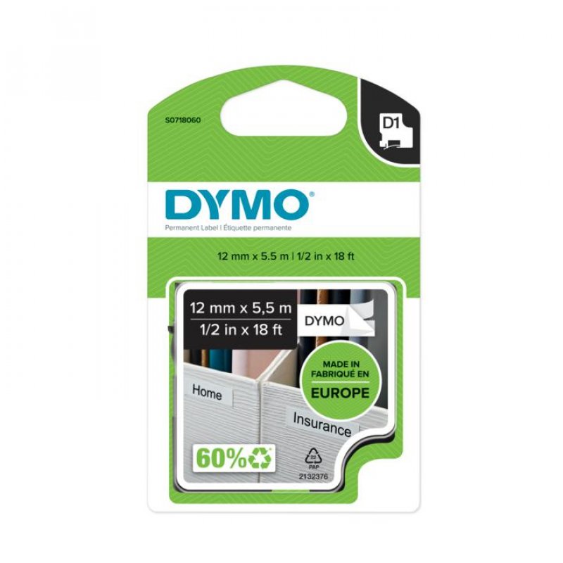 DYMO Cassette de ruban à étiqueter D1 noir/blanc,12mm x 5,5m
