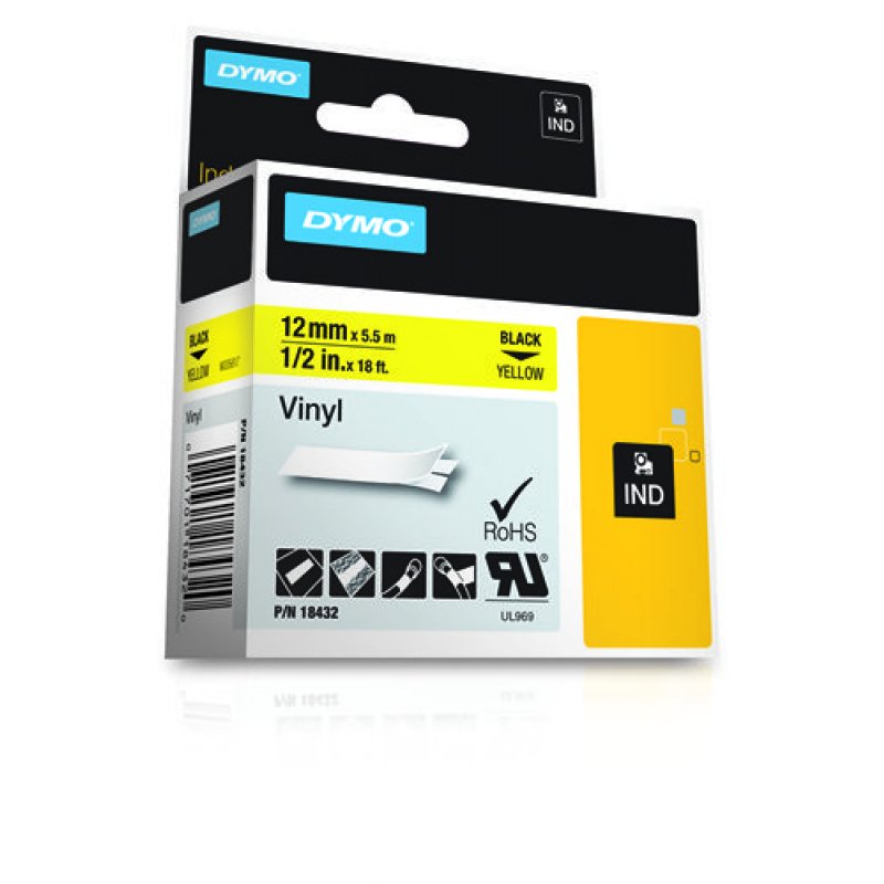 DYMO RHINO Etiquette en vinyle noir/jaune, 12 mm x 5,5 m