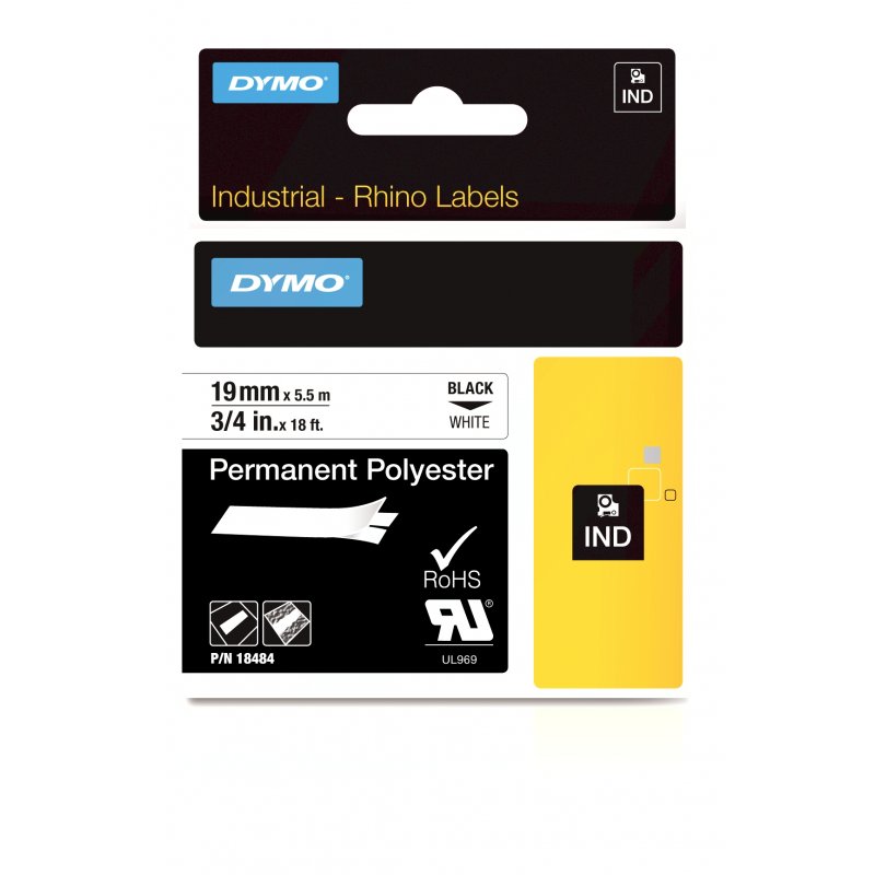 DYMO RHINO Etiquette en polyester noir/blanc, 19 mm x 5,5 m