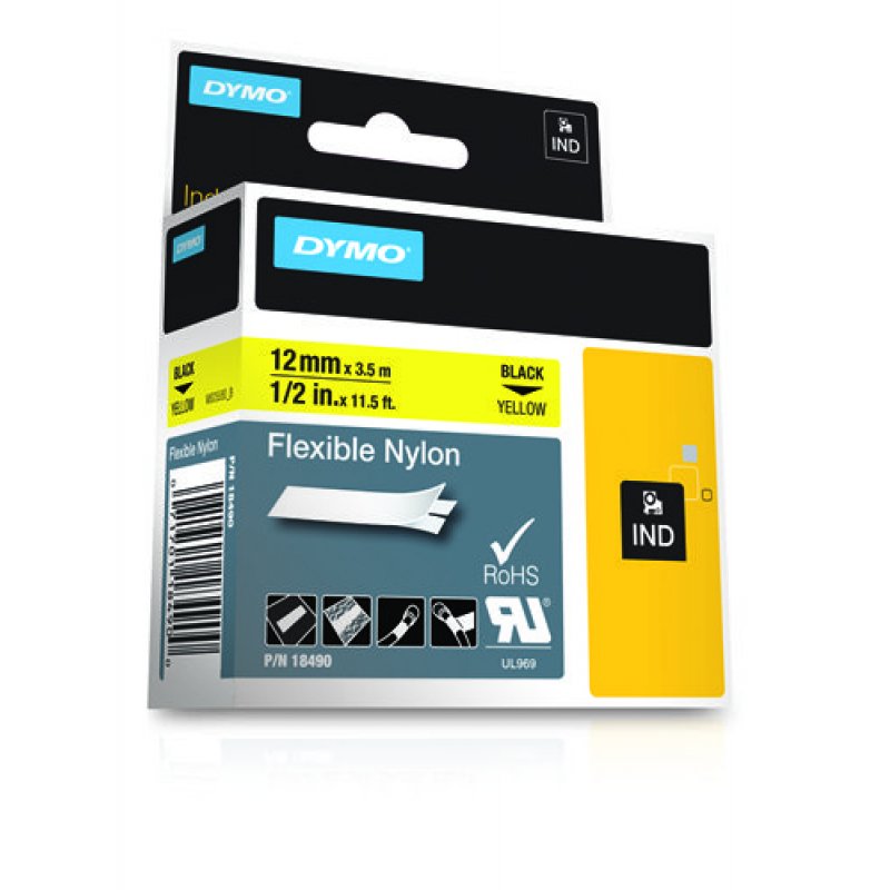 DYMO RHINO Etiquette en nylon noir/jaune, 12 mm x 3,5 m