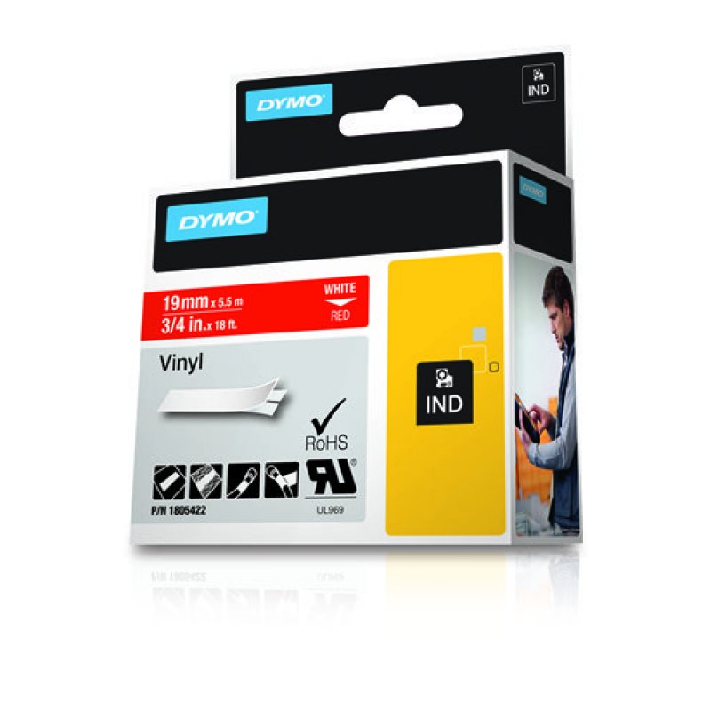 DYMO RHINO Etiquette en vinyle blanc/rouge, 19 mm x 5,5 m