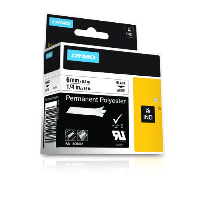 DYMO RHINO Etiquette en polyester noir/blanc, 6 mm x 5,5 m
