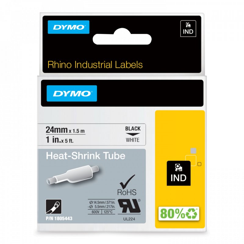 DYMO RHINO Gaine thermorétractable noir/blanc, 24 mm x 1,5 m