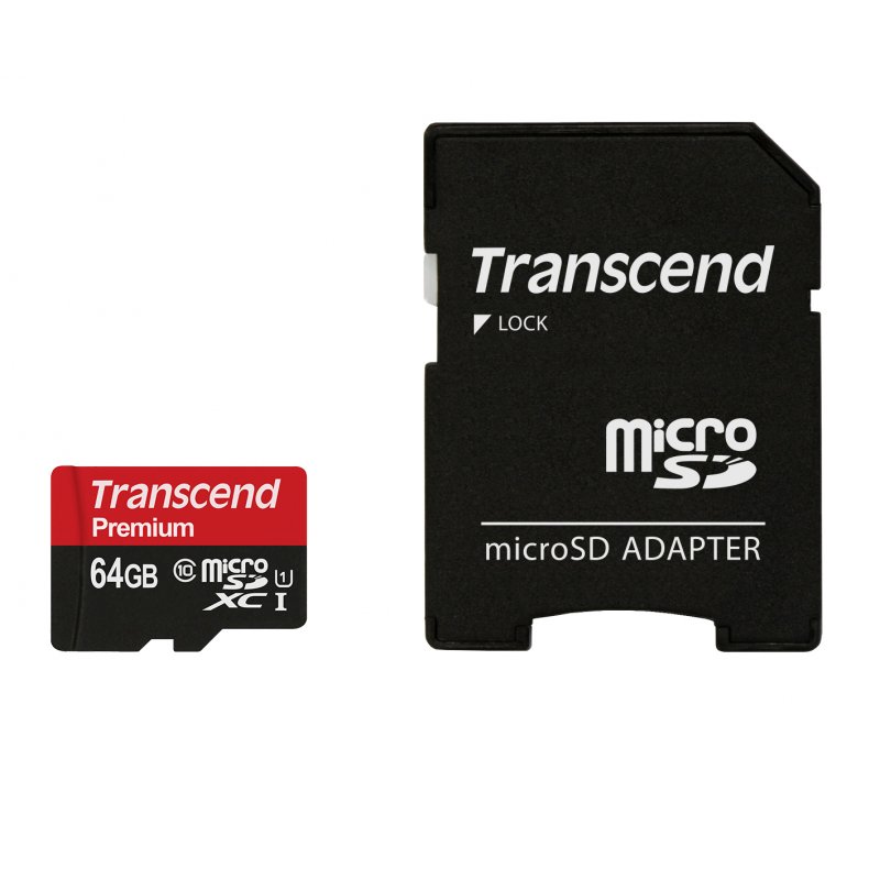 Carte mémoire Micro Secure Digital (micro SD) Transcend compatible 64Go SDXC class 10 Premium + adapt