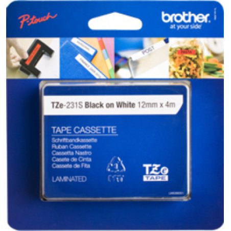 TZE231S 12mm Black on White Tape 4m