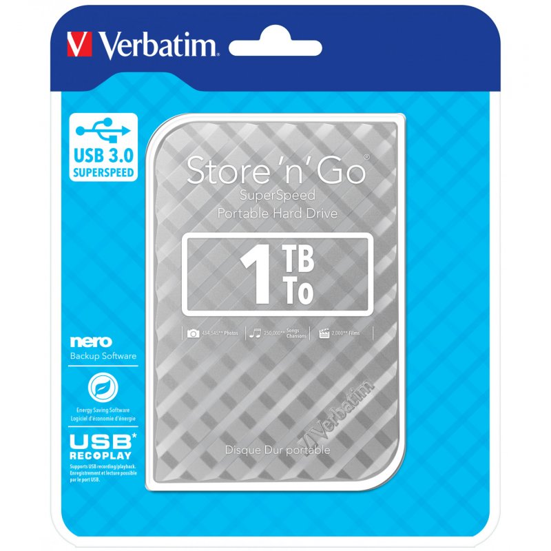 Verbatim Disque dur portable USB Store 'n' Go 3.0, 1 To, Argenté