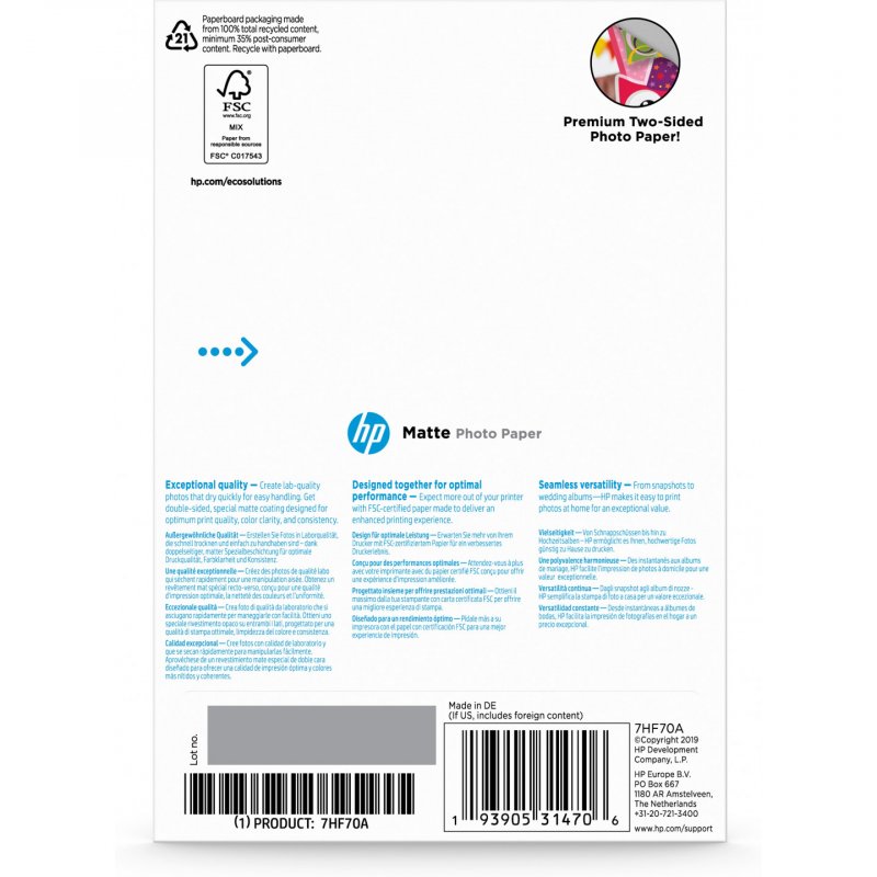 HP Papier photo mat, 180 g/m2, 10 x 15 cm (101 x 152 mm), 25 feuilles