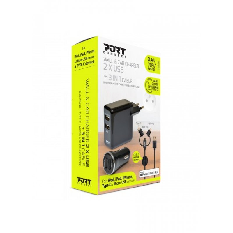 PORT DESIGNS compatible wall + car charger 2 USB EU