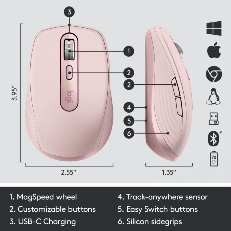 Logitech MX Anywhere 3 - Maus - Bluetooth, 2.4 GHz - rosé