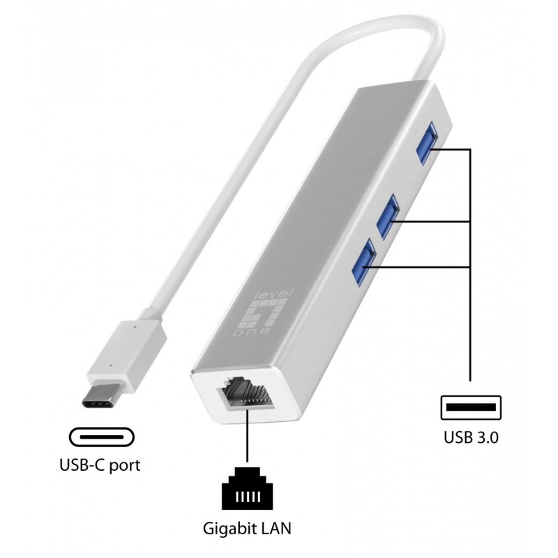 LevelOne Adapter USB-C - GBit-LAN + USB3.0-Hub