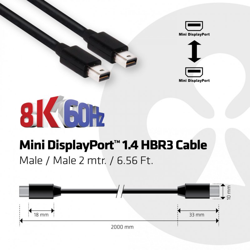 Cable Mini DisplayPort 1.4 Club3D M/M 2m (Noir)